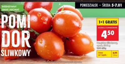 Pomidor śliwkowy, 500 g 1+1 GRATIS promocja w Biedronka