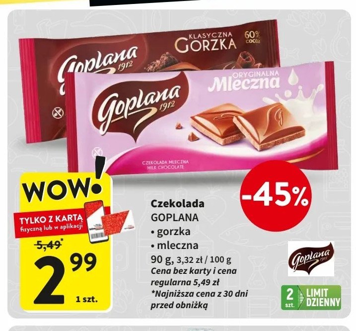 Czekolada gorzka Goplana promocja w Intermarche