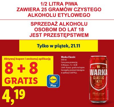 Piwo Warka Classic 500 ml promocja w Lidl