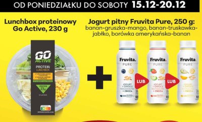Lunchbox proteinowy Go Active 230g + Jogurt pitny Fruvita Pure 250g (banan-gruszka-mango, banan-truskawka-jabłko, borówka amerykańska-banan) promocja w Biedronka