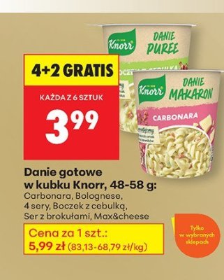 Danie gotowe w kubku Knorr, 48-58 g: Carbonarase, szybki boczek z cebulką, ser z brokułami, Maxcheese promocja w Biedronka