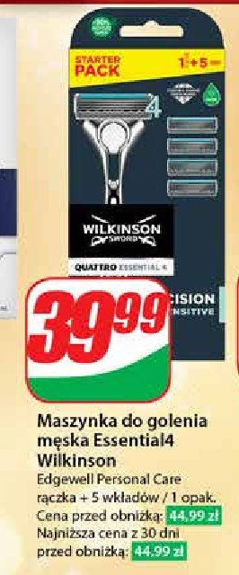 Maszynka do golenia + 5 wkładów Wilkinson quattro essential 4 sensitive promocja