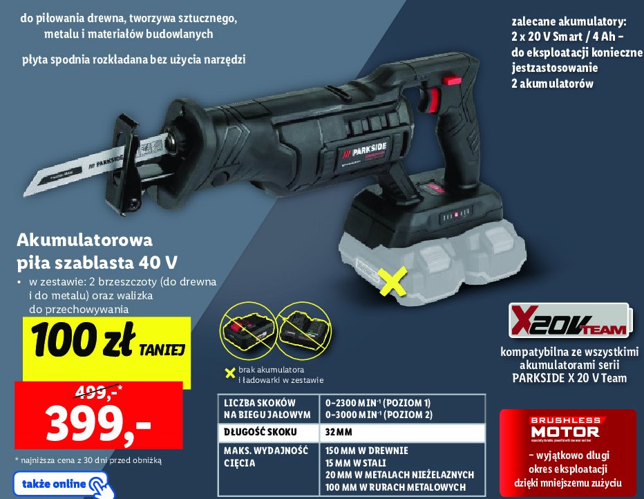 Piła szablasta akumulatorowa 40 v Parkside promocja
