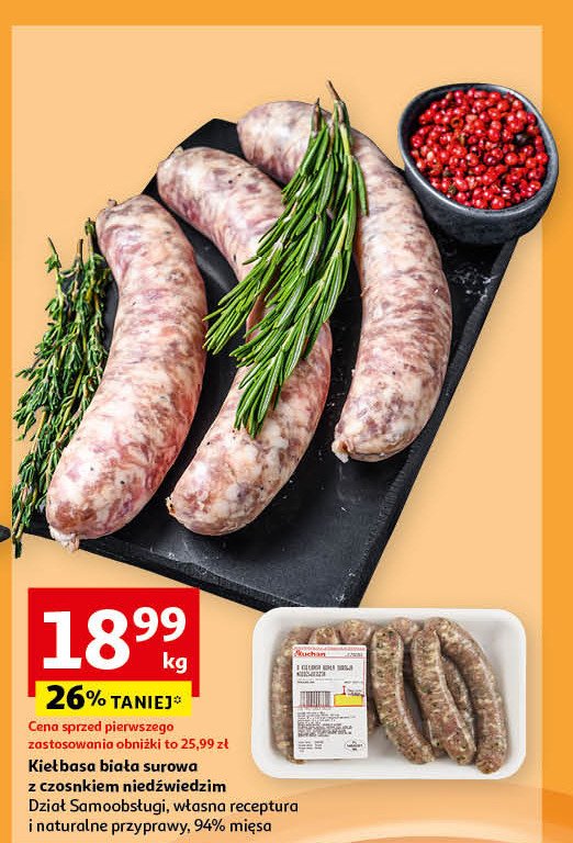 Kiełbasa biała z czosnkiem niedźwiedzim Auchan promocja w Auchan