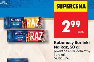 Kabanosy Berlinki Na Raz, 50 g: pikantne chilli, delikatny kurczak promocja w Biedronka