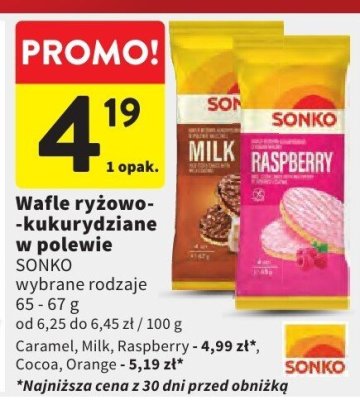 Wafle ryżowo-kukurydziane w polewie SONKO Caramel, Milk, Raspberry, Cocoa, Orange promocja w Intermarche