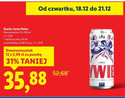 Piwo Żywiec Jasne Pełne Dwunastosztuk 12 x 500 ml promocja w Lidl