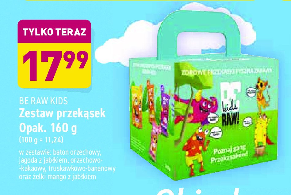 Zestaw przekąsek kids baton orzechowy + jagoda z jabłkiem + orzech kakao+ truskawka banan + żelki mango z jabłkiem Be raw! promocja w SPAR