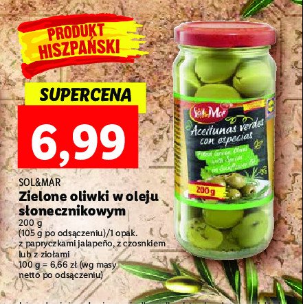 Zielone oliwki w oleju słonecznikowym z papryczkami jalapeno Sol&mar promocja