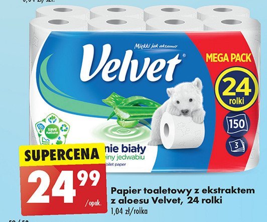 Papier toaletowy delikatnie biały z wyciągiem z aloesu Velvet promocja