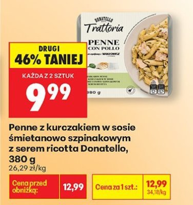 Penne z kurczakiem w sosie śmietanowo szpinakowym z serem ricotta Donatello promocja w Biedronka