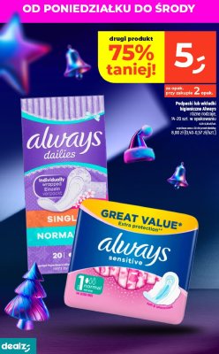 Podpaski lub wkładki higieniczne Always różne rodzaje 14-20 szt. w opakowaniu promocja w Dealz