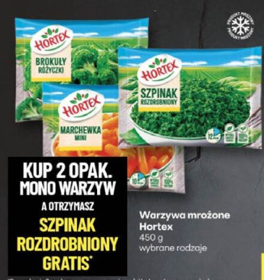 Warzywa mrożone Hortex brokuły różyczki, marchewka mini, szpinak promocja w Delikatesy Centrum