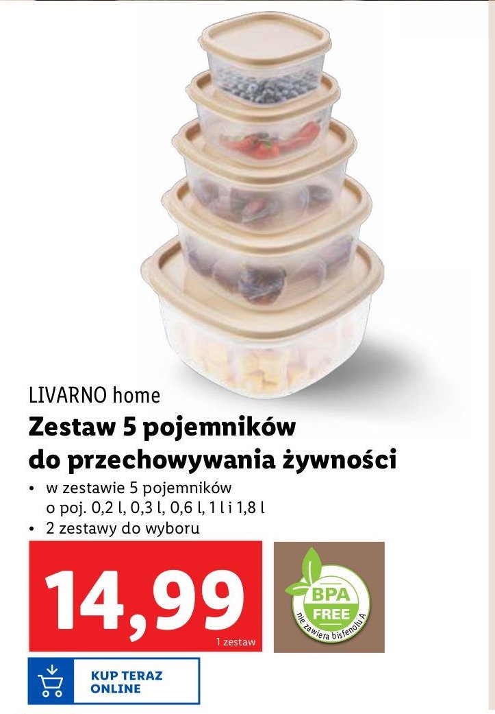 Pojemnik do przechowywania żywności 200 ml + 300 ml + 600 ml + 1 l + 1.8 l LIVARNO HOME promocja