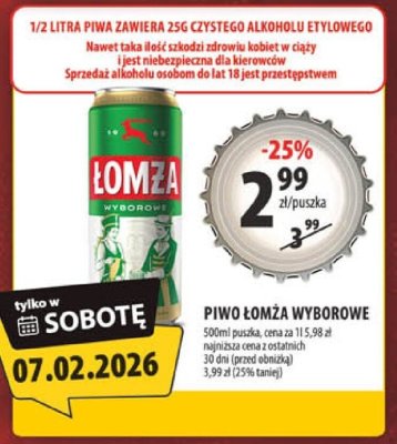 Piwo Łomża wyborowe 1/2 litra zawiera 2% czystego alkoholu etylowego promocja w Arhelan