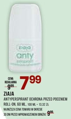 Antyperspirant Ziaja ochrona przed poceniem roll-on, 60 ml promocja w Drogerie Natura