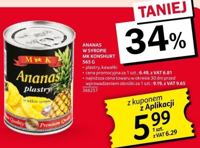 Ananas w syropie M&K konshuirt plastry 565 g promocja w Selgros