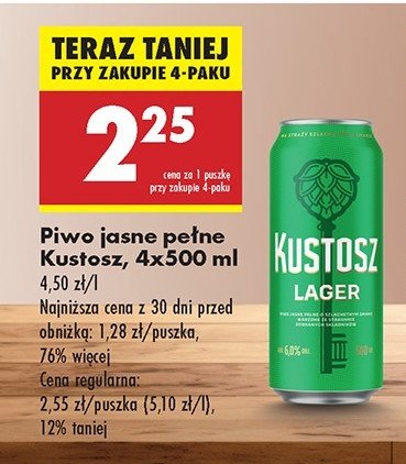 Piwo KUSTOSZ LAGER promocja w Biedronka