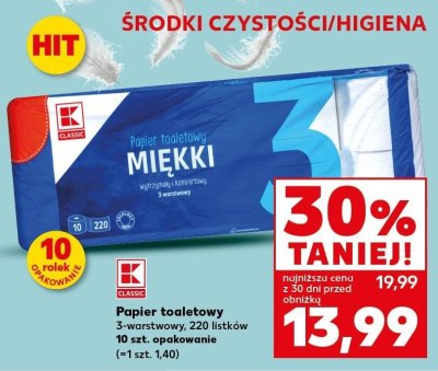 Papier toaletowy 3-warstwowy, 220 listków K Classic promocja w Kaufland