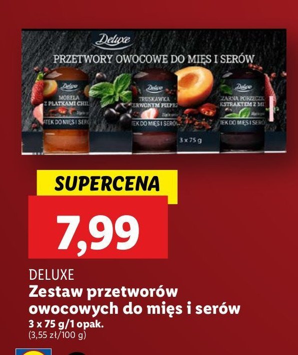 Zestaw konfitur morela z płatkami chilli + truskawka z czerwonym pieprzem + czarna porzeczka z ekstraktem z mięty Deluxe promocja