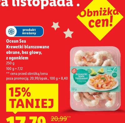 Krewetki blanszowane obrane bez głowy z ogonkiem Ocean Sea promocja w Lidl