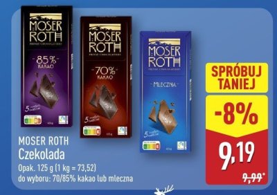 Czekolada Moser Roth 70/85% kakao lub mleczna promocja w Aldi