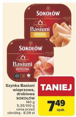 Szynka Basiumi wieprzowa, drobiowa SOKOŁÓW promocja w Carrefour
