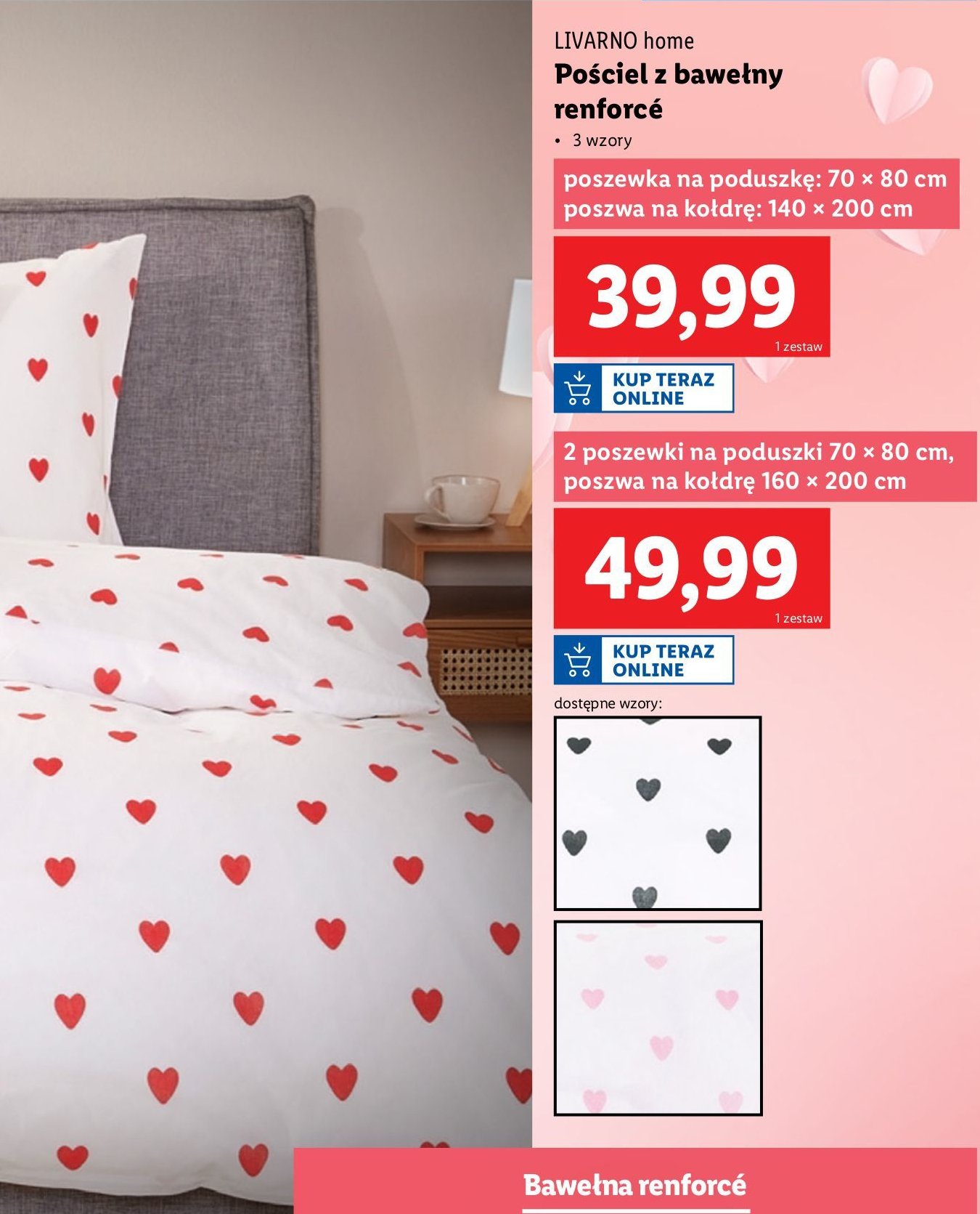 Komplet pościeli z bawełną renforece 140 x 200 + 70 x 80 cm promocja w Lidl