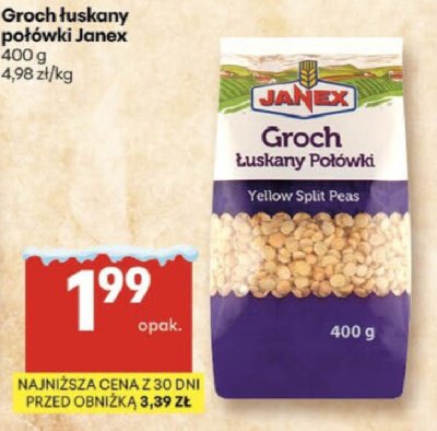 Groch łuskany połówki Janex promocja w Delikatesy Centrum