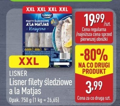 Lisner filetly śledziowe a la Matjas XXL opak. 750 g (1 kg = 26,65) promocja w Aldi