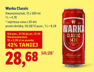 Piwo Warka Classic 12 x 500 ml promocja w Lidl