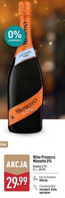 Wino prosecco Mionetto 0% bezalkoholowe promocja w Aldi