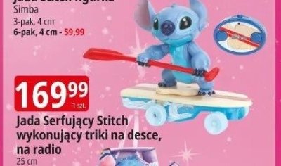 Jada serfujący Stitch wykonujący triki na desce, na radio promocja w Leclerc