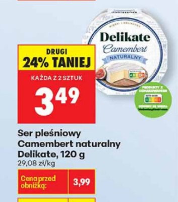 Ser pleśniowy Camembert naturalny Delikate, 120 g promocja w Biedronka