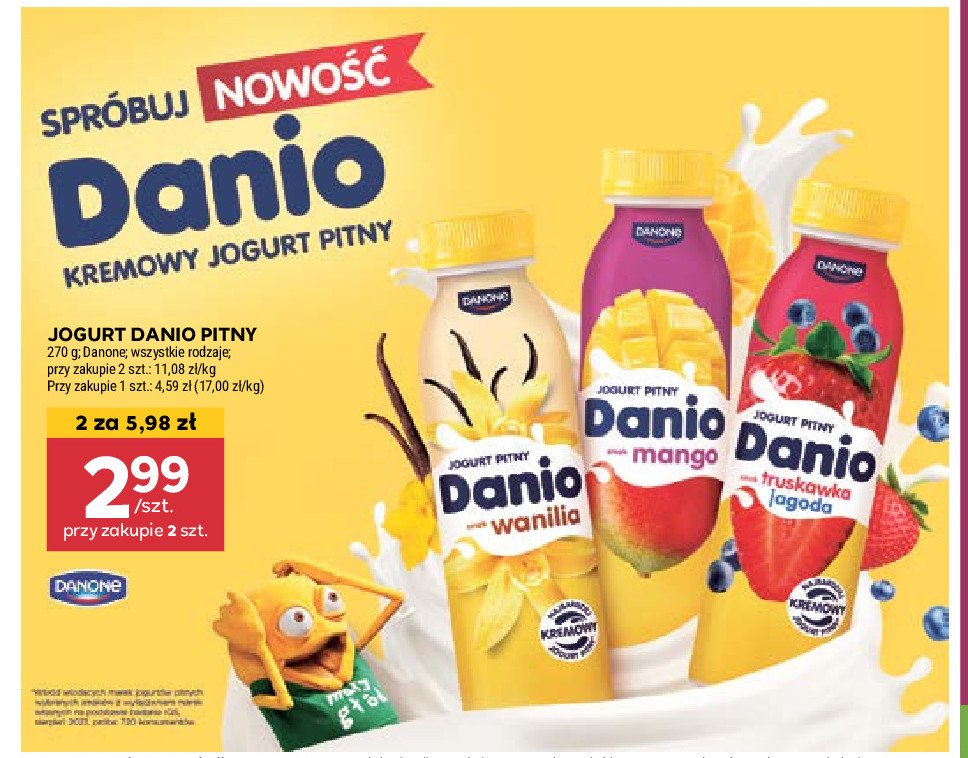 Jogurt pitny truskawka jagoda Danone danio promocja w Stokrotka
