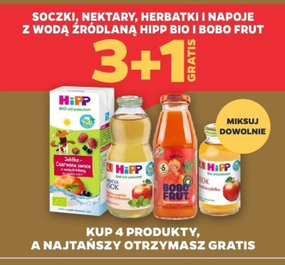 Soczki, nektary, herbatki i napoje z wodą źródlaną HiPP Bio i BoboFrut 3+1 GRATIS promocja w Netto