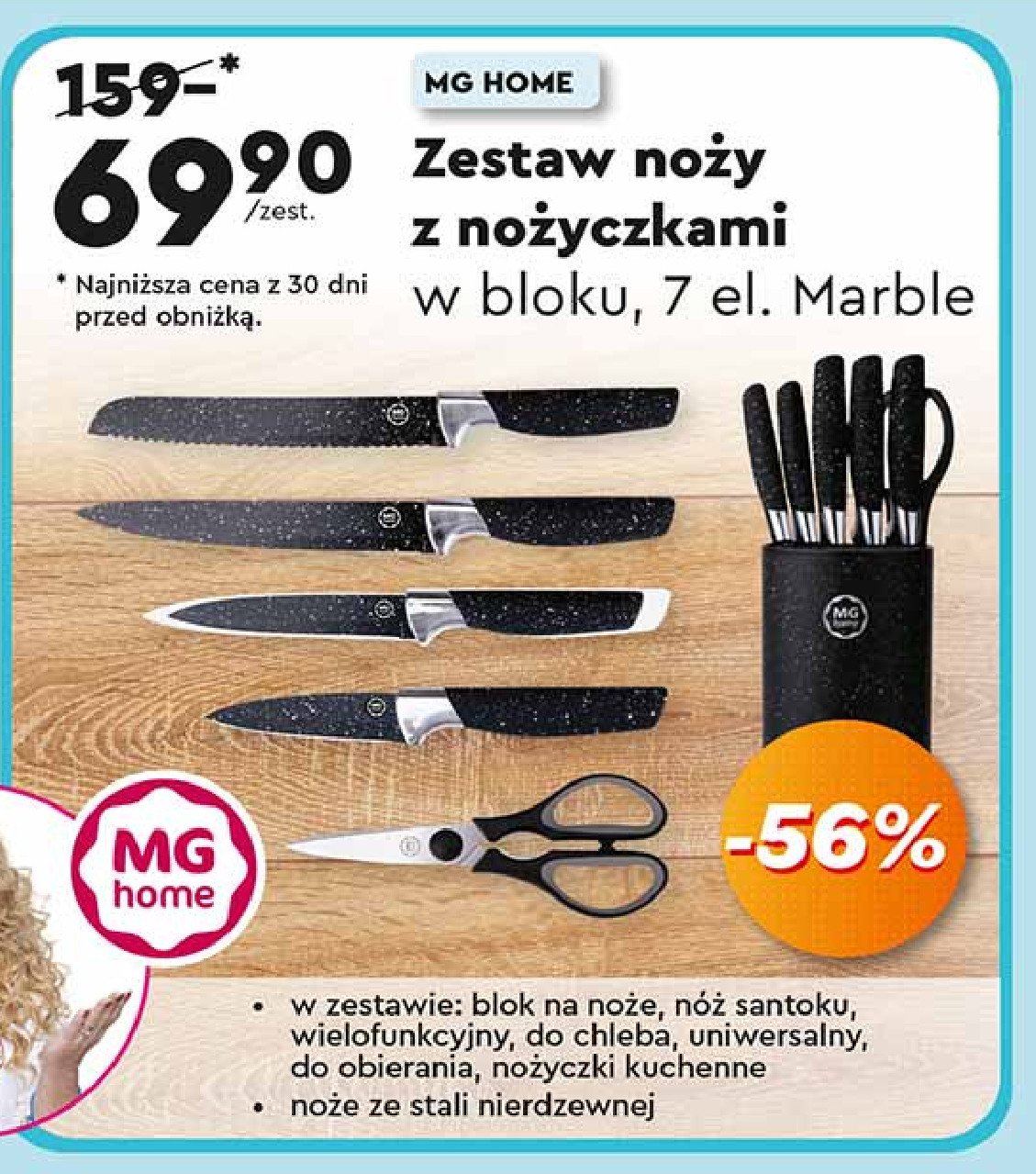 Zestaw noży kuchennych z nożyczkami black marble Mg home promocja w Biedronka