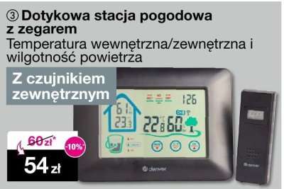 Dotykowa stacja pogodowa z zegarem temperatura wewnętrzna/zewnętrzna i wilgotność powietrza z czujnikiem zewnętrznym promocja w Woolworth
