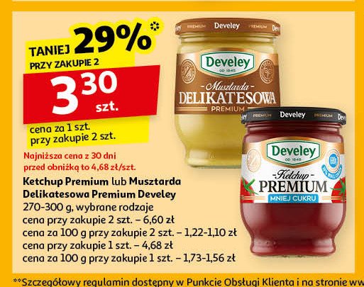 Ketchup premium mniej cukrów Develey promocja w Auchan