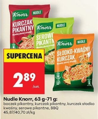 Nudle Knorr, 63 g-71 g: boczek pikantny, kurczak pikantny, kurczak słodko kwaśny, serowe pikantne, BBQ promocja w Biedronka
