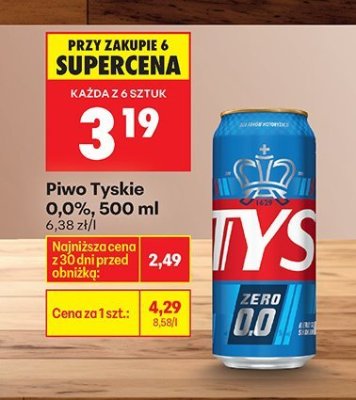 Piwo Tyskie 0,0%, 500 ml promocja w Biedronka