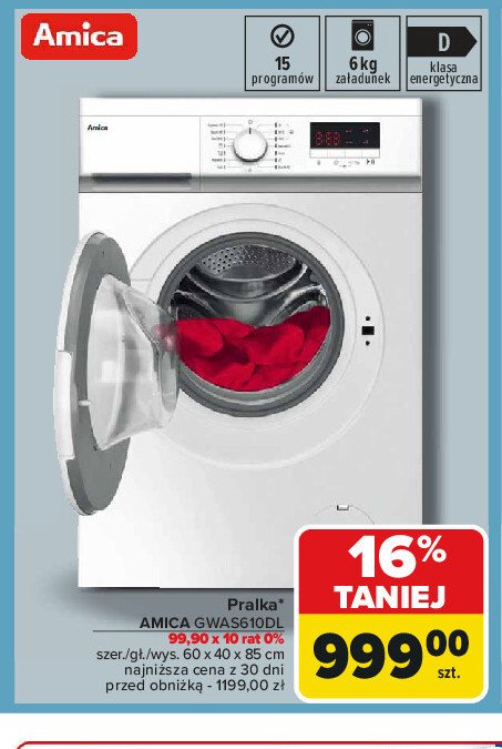 Pralka gwac610dl Amica promocja w Carrefour