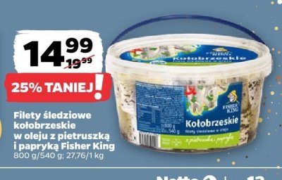 Filety śledziowe kołobrzeskie w oleju z pietruszką i papryką Fisher King promocja w Netto