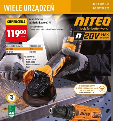 Szlifierka kątowa akumulatorowa 20 V NITEO promocja w Biedronka