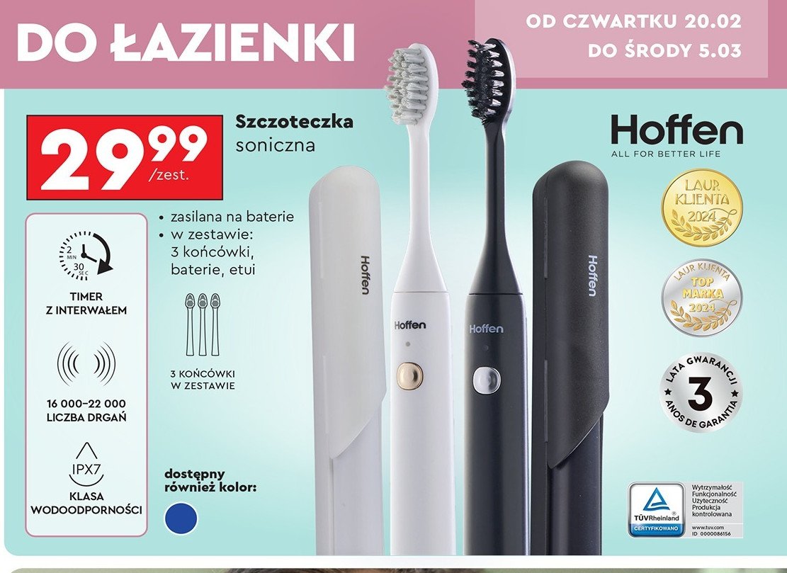 Szczoteczka soniczna + 3 końcówki Hoffen promocja w Biedronka