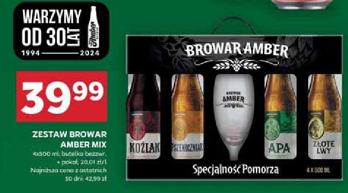 Zestaw: piwo koźlak 500 ml + piwo pszeniczne 500 ml + piwo apa 500 ml + piwo złote lwy 500 ml + szklanka Amber browar amber zestaw Amber (kosmetyki) promocja w Stokrotka