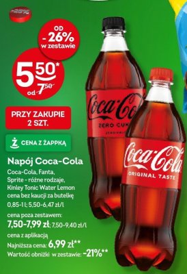 Napój Coca-Cola, Fanta, Sprite różne rodzaje, Kinley Tonic Water Lemon promocja w Żabka