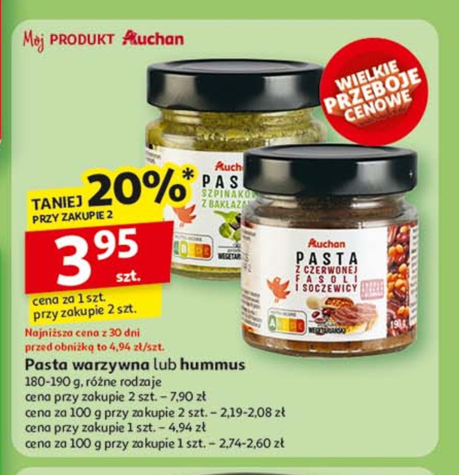 Hummus z solą morską Auchan różnorodne (logo czerwone) promocja w Auchan