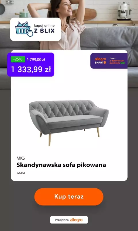 Kupuj online z BLIX - gazetka promocyjna -25% MKS Skandynawska sofa pikowana od środy 24.03 