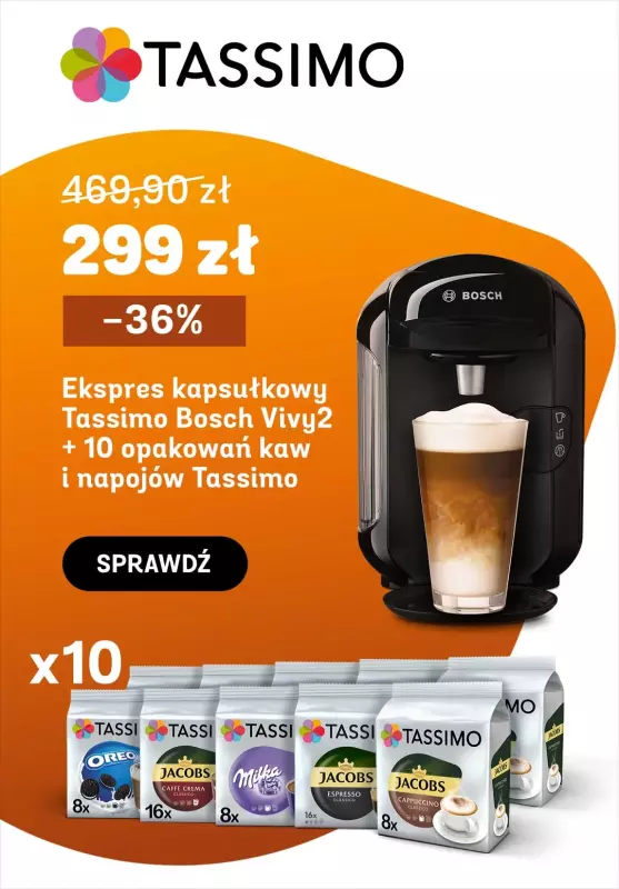 Tassimo - gazetka promocyjna -36% ekspres Tassimo + zestaw 10 opakowań kaw od czwartku 28.05 do środy 03.06